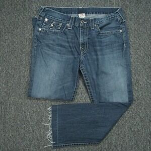 True Religion Jeans Mens 36x28 Blue Bootcut Raw Hem 5 Pocket Flaps